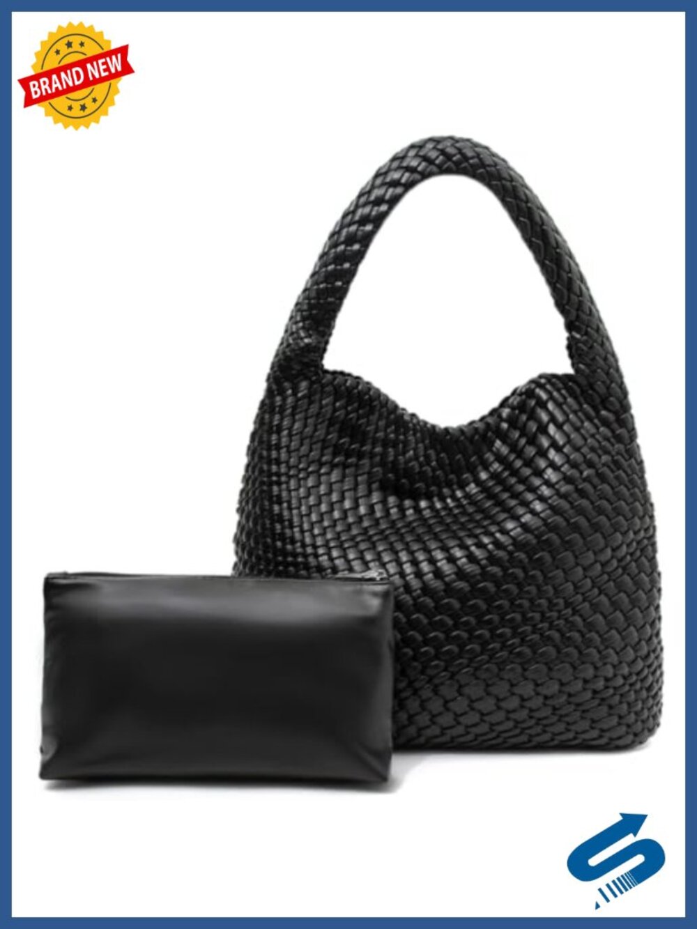 Woven Vegan Leather Tote Bag with Zipper Pouch, Large Capacity, Top Handle